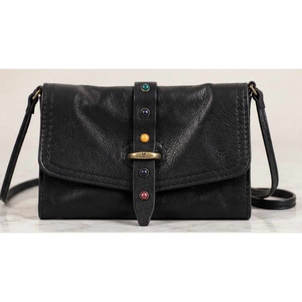 Frye Alessi Studded Wallet Crossbody Black Leather Multicolor Boho Western Y2K